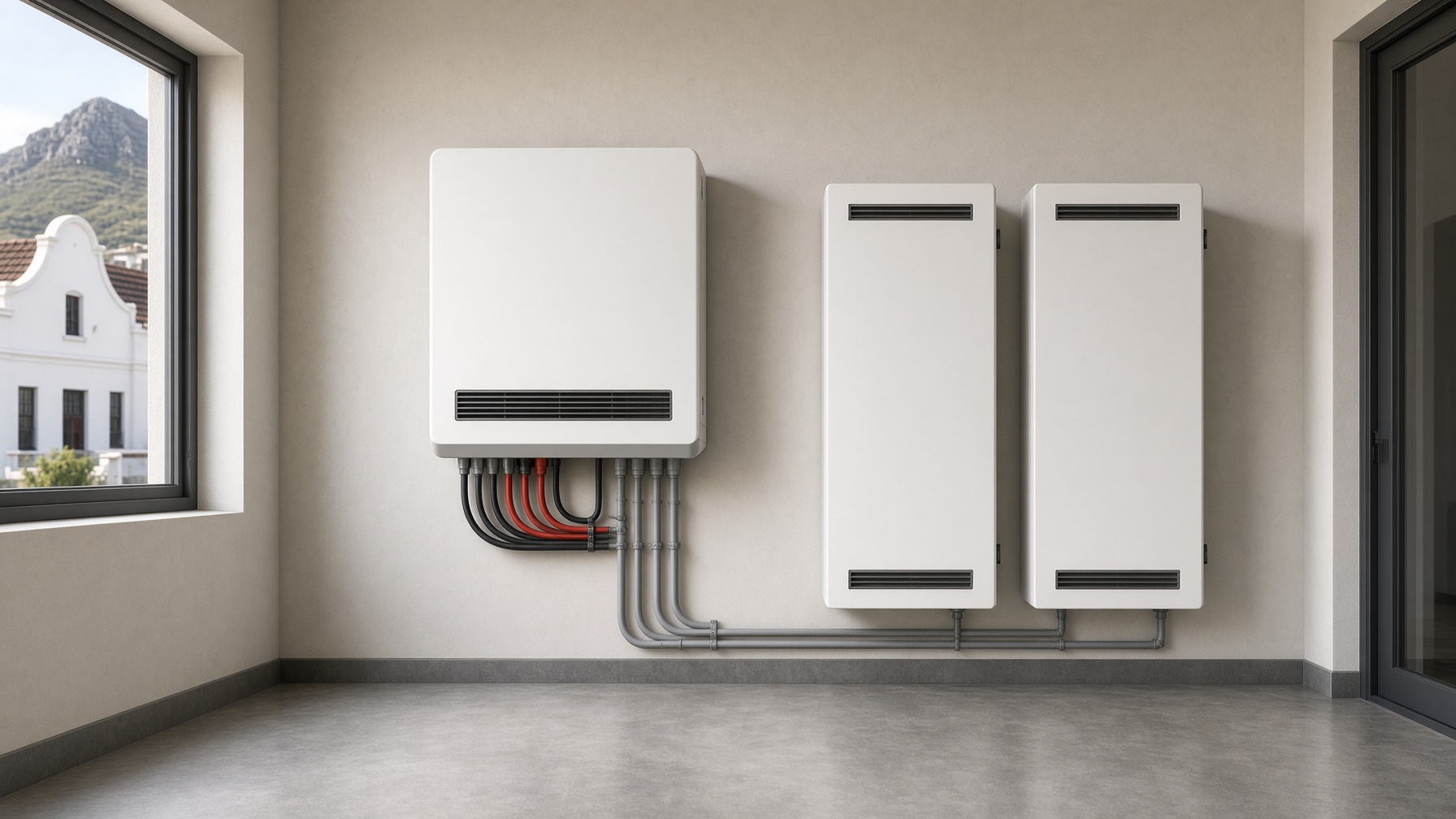 Hybrid inverter and lithium batteries on a Cape Town garage wall